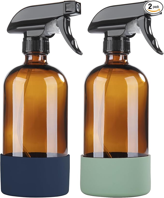 HOMBYS Empty Glass Amber Spray Bottles with Silicone Sleeve Protection - Refillable 16 oz Containers for Cleaning Solutions, Essential Oils, Misting Plants - Quality Sprayer -(2 Pack Amber)
