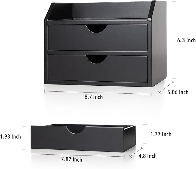ROSE BLOOM Black Wood Desk Organizer with 2 Drawer, Mini Cute Cabinet with Storage Shelf for Tabletop, Small Desktop Box Organizer for Cosmetic Office Supplies