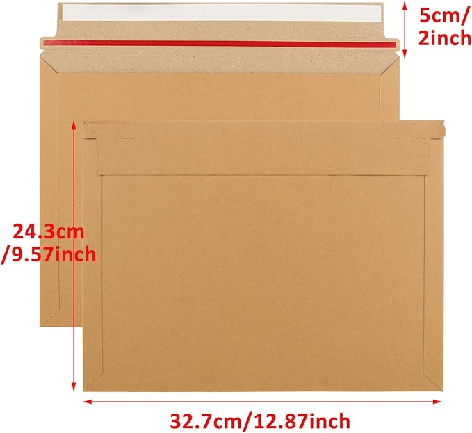 50 Pack 12.5 x 9.5 Inch Self Seal Cardboard Mailing Envelopes, 450 GSM Stay Flat Mailers for CD, Photos, Document, Pictures, Papers, Files, Brown