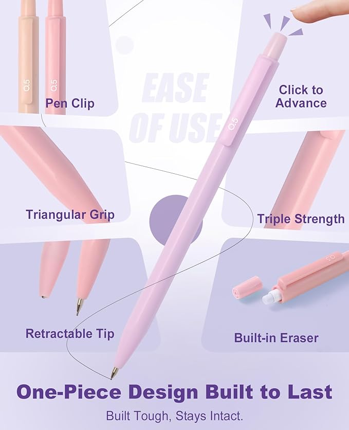 Mechanical Pencil Set with Cute Pencil Case, 12x Pastel Mechanical Pencils 0.5 & 0.7mm with 720x HB Leads, 4x Erasers and 1x Sticky Note, Suitable for Writing, Drafting Drawing Sketching(pink)