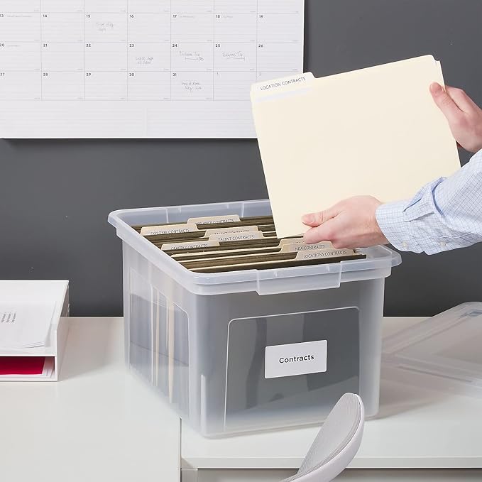 STAPLES Hanging File Folder Box, Storage Bin Organizer, Snap Lid, Letter & Legal Size Documents, Clear