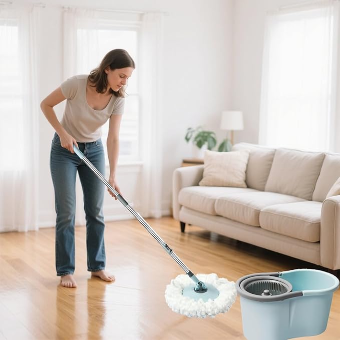 Spin Mop and Bucket Set, 360 Spin Mop and Bucket Stainless Steel,Floor Cleaning System,with 3 Replacement Heads (Blue-mini)