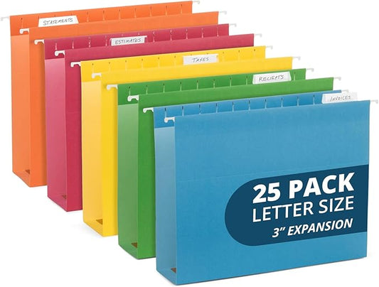 Blue Summit Supplies 25-Pack Letter Size Expandable Hanging File Folders - Assorted Colors, 11PT Paper
