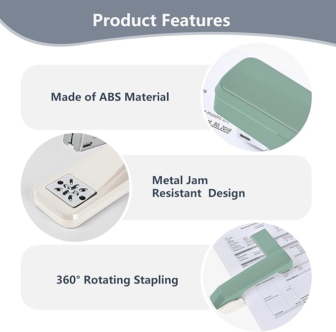 MJMX 360° Rotating Swing-Arm Stapler, 25-Sheet Capacity, with 1000 Staples, 8-Position Lock, ABS Durable Design, for Office/Home/School (Green)