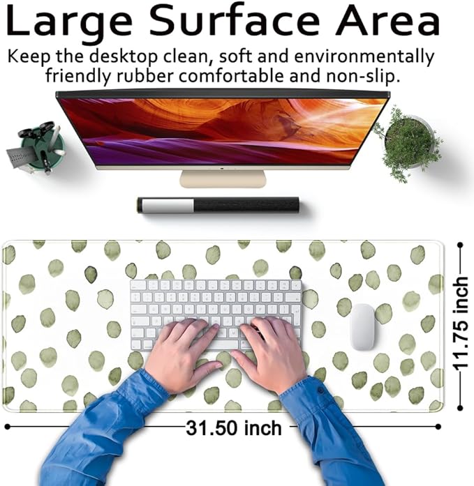 Cute Polka Dot Minimalist Green Keyboard Pad Simple & Atmospheric Desk Mat XL Large Mouse Pad for Women Office Desk Decor Desk Pad with Stitched Edges 31.5x11.8in, Computer Laptop Pad Gaming Mousepad