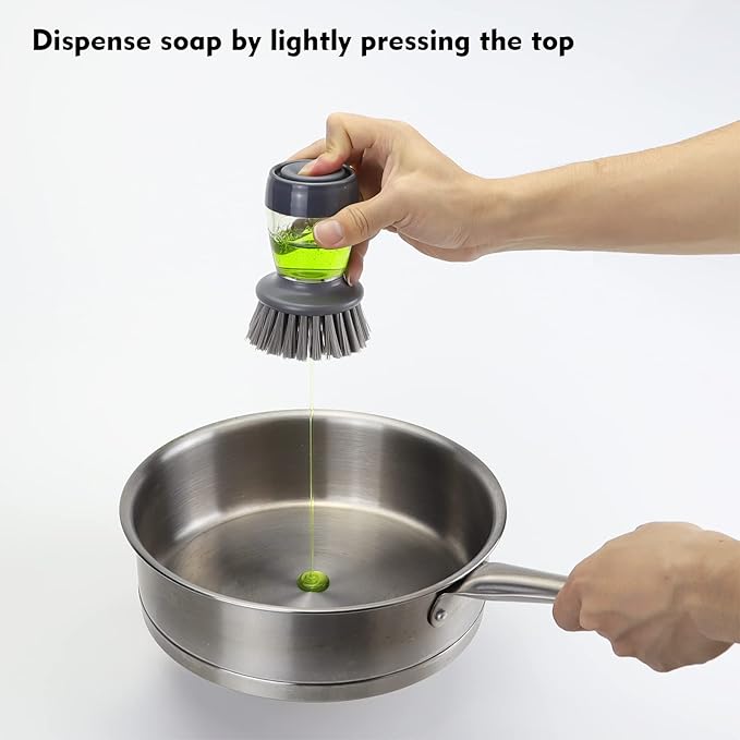 Dish Brush with Soap Dispenser, Kitchen Scrub Brush for Dishes Pots Pans Sink Cleaning, Dish Scrubber with Holder Set (Grey Handle & Nylon Bristles)