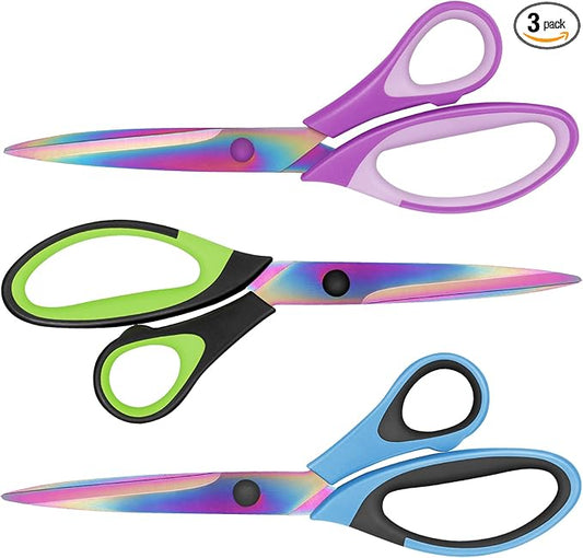 Sewing Scissors, Sharp Titanium Coating Blades, Soft Grip Handle, Multi-Purpose Scissors Set of 3 Suitable for Families, Office, and School Use, Blue Black, Purple Pink and Green Black