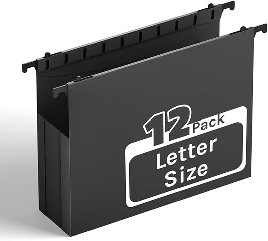 Ansook Plastic Hanging File Folders Letter Size,Upgrade 2" Extra Capacity Expanding Hanging Folders with Tabs,12 Pack Reinforce File Cabinet Folders,Heavy Duty Black Hanging Organizer for Bulky Files