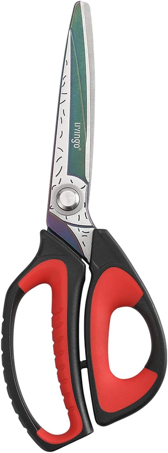 LIVINGO 10" Multipurpose Heavy Duty Scissors, Premium Titanium Coating Forged Stainless Steel Tool Industrial Shop Shears for Household, Pruning, Gardening, Fabric, Red/Black