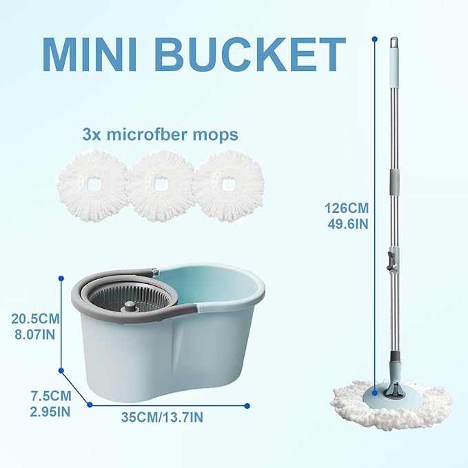 Spin Mop and Bucket Set, 360 Spin Mop and Bucket Stainless Steel,Floor Cleaning System,with 3 Replacement Heads (Blue-mini)