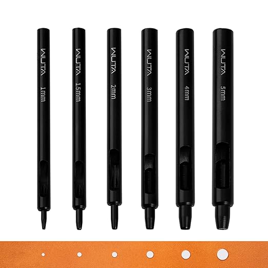 WUTA Black Round Hole Punch Leather Hollow Punch Steel Watches Belts Scrapbooking Paper Leather Tools for Watch Band, Fabric, Plastic 1+1.5+2+3+4+5mm (6pcs)