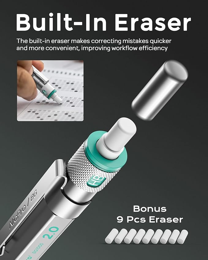Nicpro 3 Pack Blocky Gear 2.0 mm Metal Mechanical Pencils Set with Case, Drafting Pencil with 13 Tubes 2mm Lead Refills (HB 2B 2H 4B 4H 6B & Colors), Erasers for Carpenter Writing Drawing
