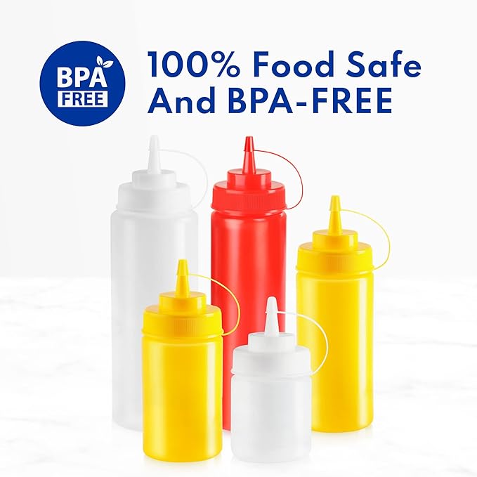 New Star Foodservice 26580 Plastic Squeeze Bottles with caps, Wide Mouth, 24 oz, Yellow, Pack of 6