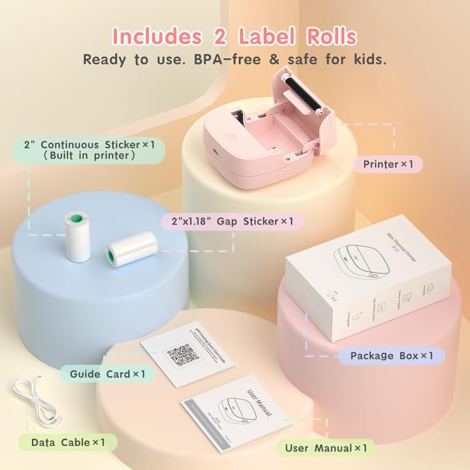 JD-23 Sticker Printer, Mini Portable Thermal Printer Print Pod, Inkless Bluetooth Label Maker Machine for DIY Crafts, Journaling, Office & Home Use, 2 Rolls Sticker Paper, Pink