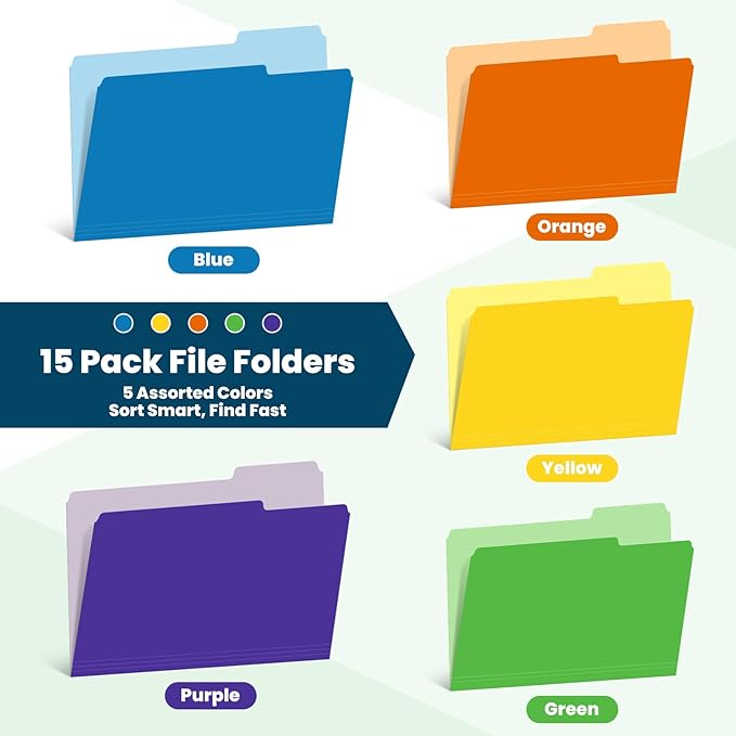 Two-Tone Color File Folders, 15 Pack Letter Size Folders with 5 Assorted Colors, 1/3-Cut Tabs, School Office Supplies