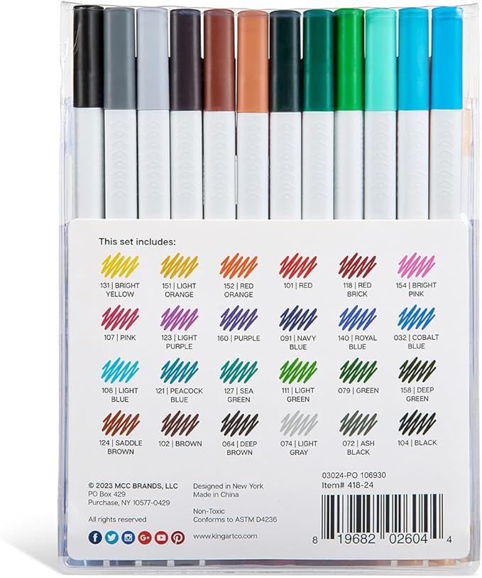 KINGART Studio Fine Line Pens, 24 Colors Set, 0.4mm Ultra Fine Tip for Drawing, Sketching, Journaling, Adult Coloring, & Art Projects, Water-Based Ink, Non-Bleeding.