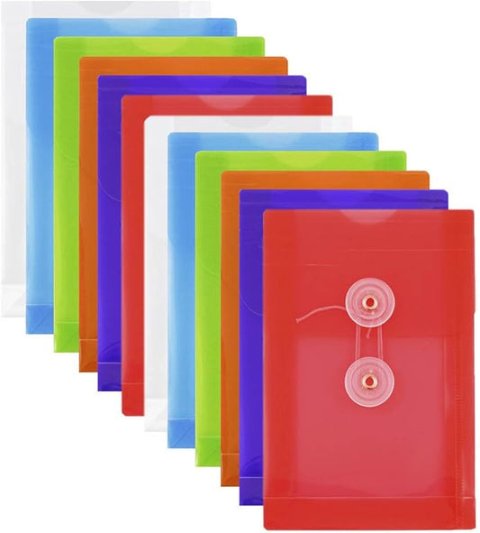 JAM PAPER Plastic Envelopes with Button & String Tie Closure - 4 1/4 x 6 1/4 - Assorted Colors - 12/Pack