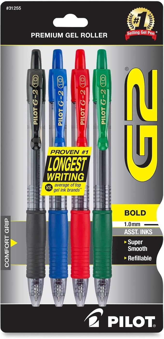 Pilot G2 Premium Retractable Gel-Ink Rolling Ball Pens, Bold Point (1.0mm), 1.0 Gel Pens, Assorted, 4-Pack - Ideal for School, Journaling, & Office Writing