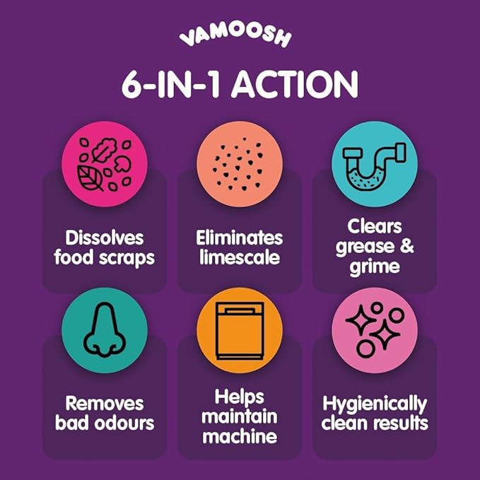 Vamoosh 6-in-1 Dishwasher Cleaner | Natural Citric Acid Cleaning Formula | No Limescale Removal | Grease Elimination | Eco-Friendly | Made in the UK | 100g (Pack of 8)