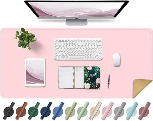 Large Desk Pad 35.4" x 17", Non-Slip Desk Mat with PU Leather & Natural Cork, Waterproof Writing Desk Natural Cork, Computer Mat Desk Protector for Office Home, Pink