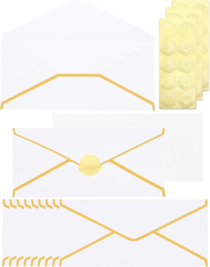 Business Envelopes with Gold Border 30 Pack #10 Envelopes Made of 150gsm Paper, Standard Envelopes with Gold Stickers for Office, Checks, Letter Mailing,9.45 x 4.13 Inches(White)
