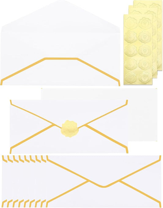 Business Envelopes with Gold Border 30 Pack #10 Envelopes Made of 150gsm Paper, Standard Envelopes with Gold Stickers for Office, Checks, Letter Mailing,9.45 x 4.13 Inches(White)