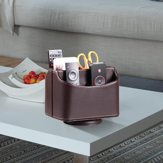 PU Leather Remote Control Holder,360 Degree Spinning Desk TV Remote Caddy,Desk Organizers and Accessories,for Controller,Media,Mail,Calculator,Mobile Phone,Pen Storage Holder(Brown Lychee)