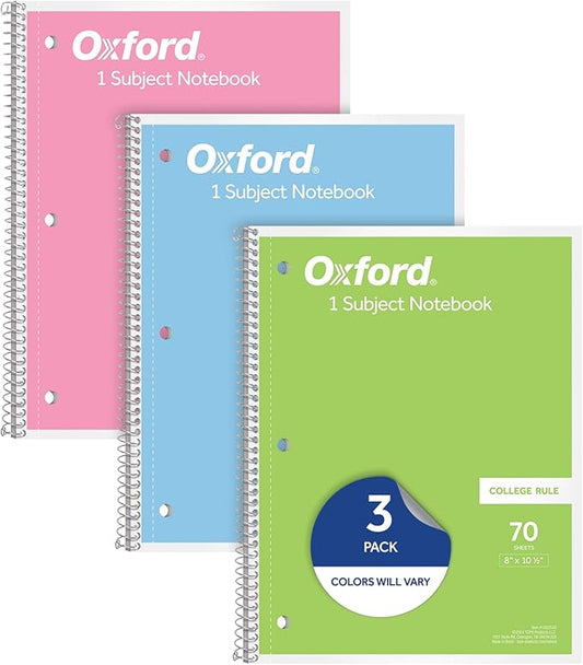 Oxford Spiral Notebooks, 24 Pack, 1 Subject, College Ruled Notebooks for School, 8 x 10.5 Inches, 70 Sheets, Assorted Pastel Colors, Back to School Supplies (1002540)