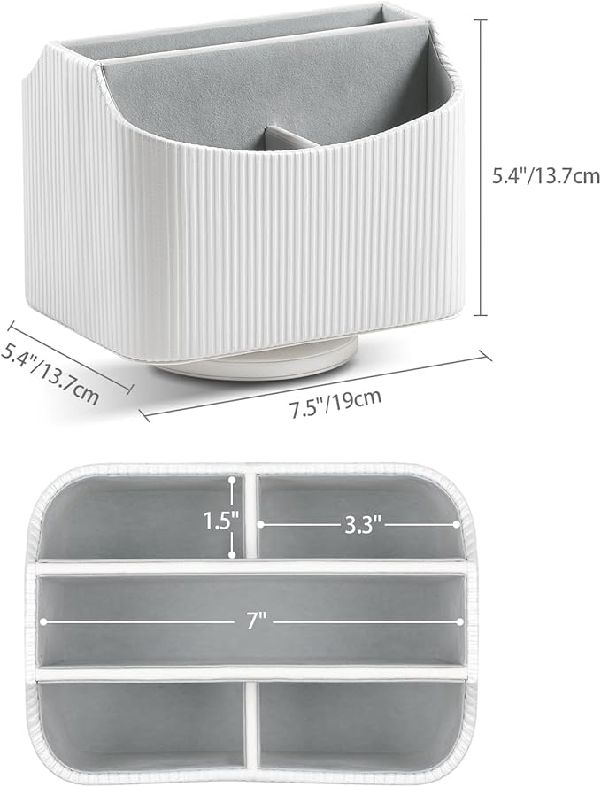 PU Leather Remote Control Holder, 360 Degree Rotating Desk Organizer Storage Table Remote Caddy, Spinning Bedside Organizer Nightstand Organizer for Desktop Office Home (White)