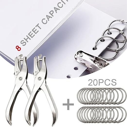 2 Pack Single Hole Punch with 20 Pcs Binder Rings, 1/4 Inch One Hole Paper Puncher, Small Hole Punches for Paper, Crafts, Binder, Tags, Cards and Tickets (Silver)