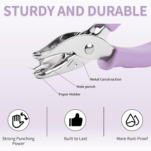 Single Hole Punch, 2 Pcs Hand Hole Puncher with Soft Grip Handle, 1/4" and 1/8" Small Hole Paper Punch for Crafts, Scrapbooks, 6 Sheets Capacity, Tags, Tickets - Purple