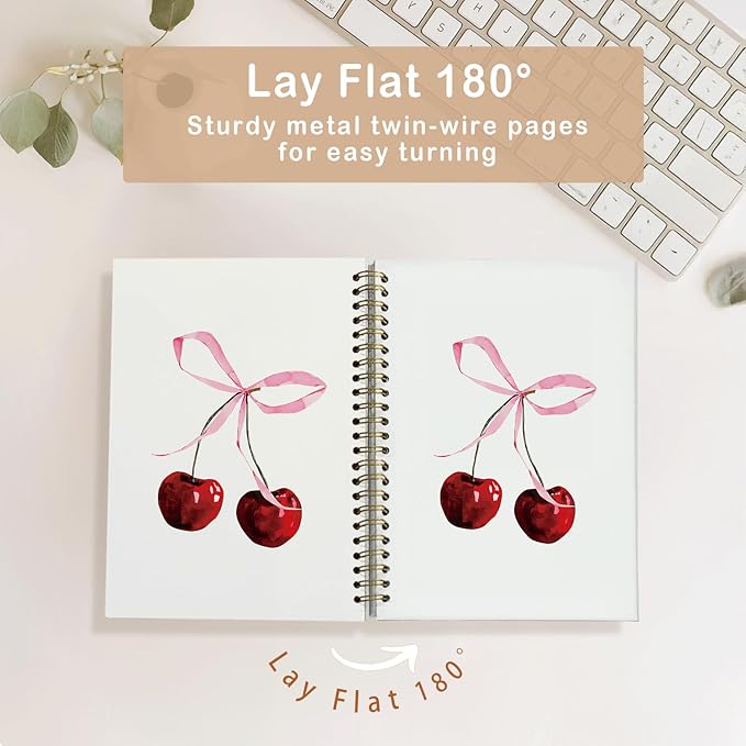Coquette Pink Bow Cherry Notebook, Preppy Aesthetic Journal for Girls, Cute College Ruled Spiral Planner, Coquette School Supplies & Girly Work Notebook for Women, 5.5x8.3 Inch