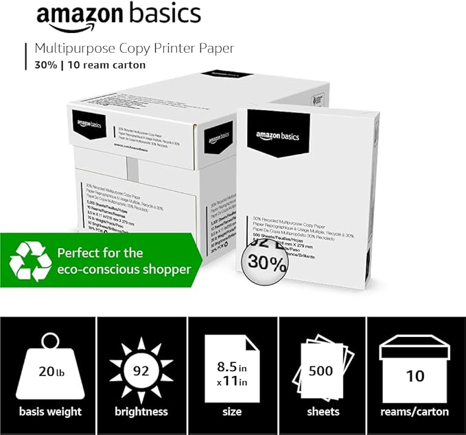 Amazon Basics 30% Recycled Multipurpose Copy Printer Paper, 8.5 x 11 Inches, 20 lb, 10 Ream, (5,000 Sheets), 92 Bright, White