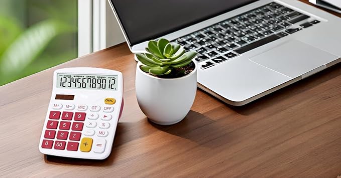 Meichoon Desktop Calculator Solar Battery Dual Power 12 Digit Large LCD Display Financial Dedicated Large Standard Function Desktop Business Calculator for Office/Home/School KA08 Red