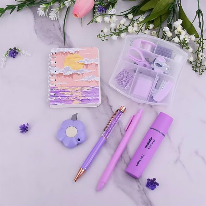 Mini Office Supply Kit Includes Stapler Tape Dispenser Staple Remover Paper Clips Scissor Notebook Highlighter Ballpoint Pen Small Telescopic Knife for Office and School Student (Purple Set)