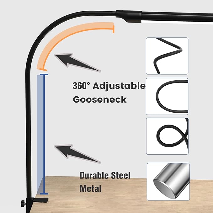 MYPLUS LED Desk Lamp with Hand Wave Sensor, 5 Color Temperatures 2700K-6500K, Touchless Dimming, 360° Adjustable Gooseneck, Clamp Table Lamp, 110V
