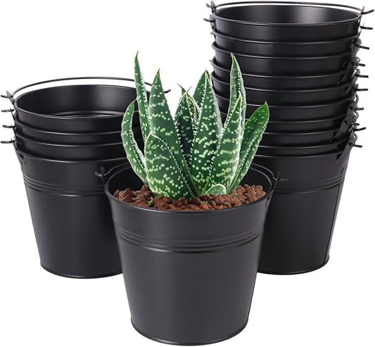 18 Pack 4 Inch Black Mini Metal Bucket, Elegant Galvanized Buckets with Handles, Tin Buckets, Small Iron Bucket, Mini Metal Pail for Party Favors, Crafts, Garden & Beach