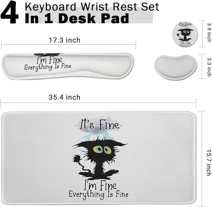 Large Mouse Pad Set, Cute Extended Mouse Pad+Keyboard Wrist Rest Support Desk Pad Memory Foam Ergonomic Easy Typing - It's Fine