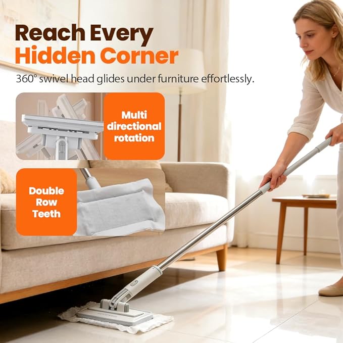 Snap Grip Mini Mop,Mini Sweeper Mop No-Touch Dirty Cleaning Flat Dust Mop for Dry Wet Disposable Pads,Corners Wall Multi Surface Cleaning (White 6.3x40 inch)