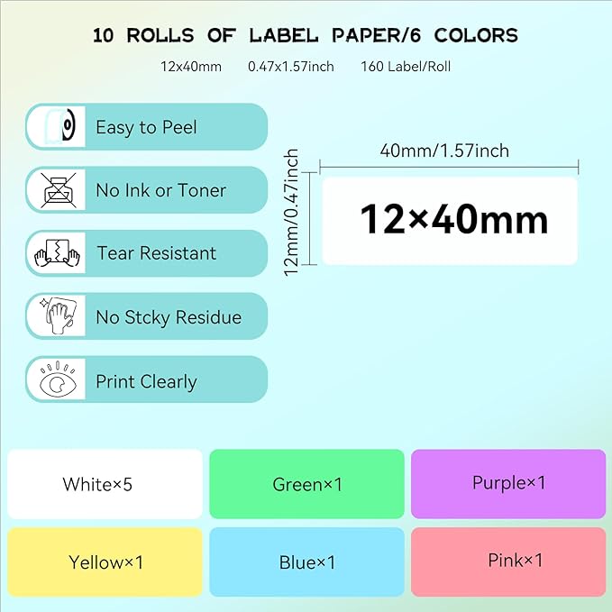 EEBBL D30 P21 Label Maker Tape Refill 12mm×40mm(0.47"x1.57") Sticker, Laminated Thermal Label Tape Replacement, 1650 Labels/10Rolls, High Definition Labeling Tape for Home Office School Hotel