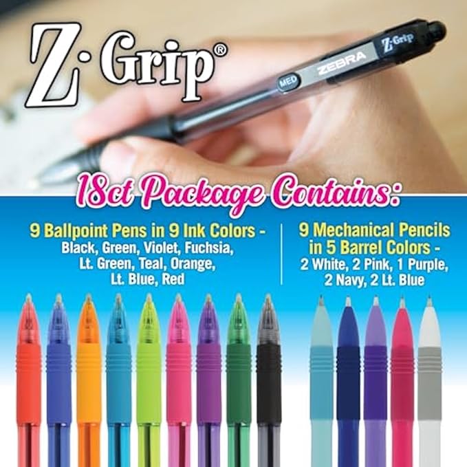 Zebra Pen Z-Grip Retractable Ballpoint Pen and Mechanical Pencil Set, Medium Point, #2 HB Lead Pencils, Assorted Ink Colors, School Supplies, Teacher Supplies, and Office Supplies, 18-Pack (23618)