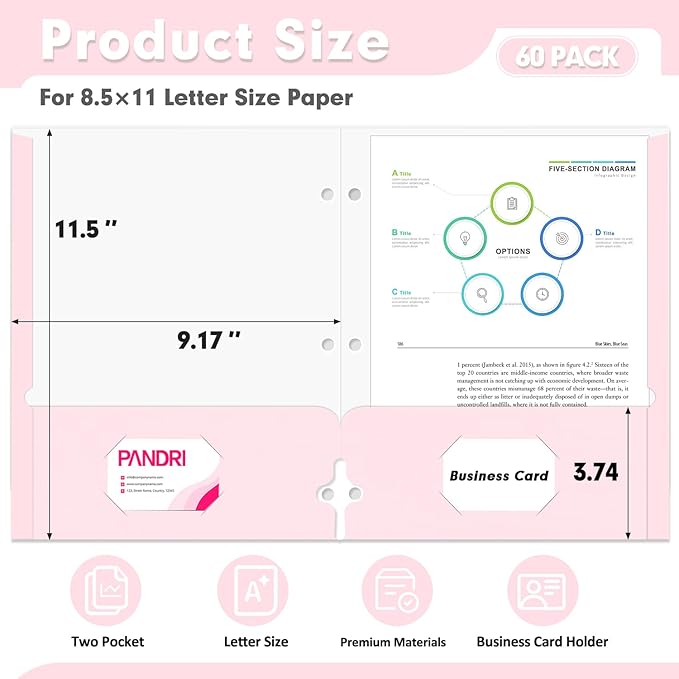 Two Pocket Portfolio Folders, PANDRI 60 Pack 3 Hole Punched 2 Pocket Folders for 3 Ring Binder, Letter Size Paper File Folder for School Office Home Business, Pink