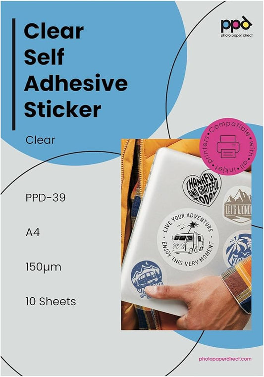 PPD Premium Printable Vinyl Sticker Paper for Inkjet Printer - 10 Sheets Clear Transparent Sticker Paper 8.5 x 11 - Self-Adhesive, Tear Resistant, Instant Dry - PPD-39-10