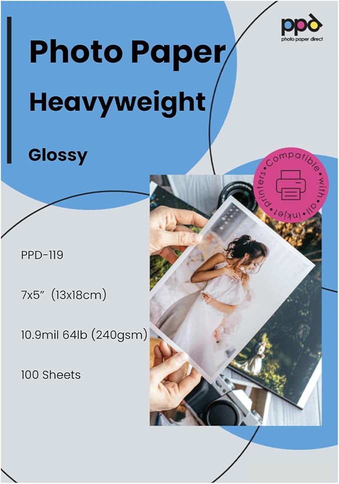 PPD Glossy Photo Paper for Inkjet Printer, 5 x 7" Premium Quality Printable Sheets for Custom Picture, Professional Photographic Instant Dry For with Normal, Dye or Pigment Ink (50 Pack/240 gsm)
