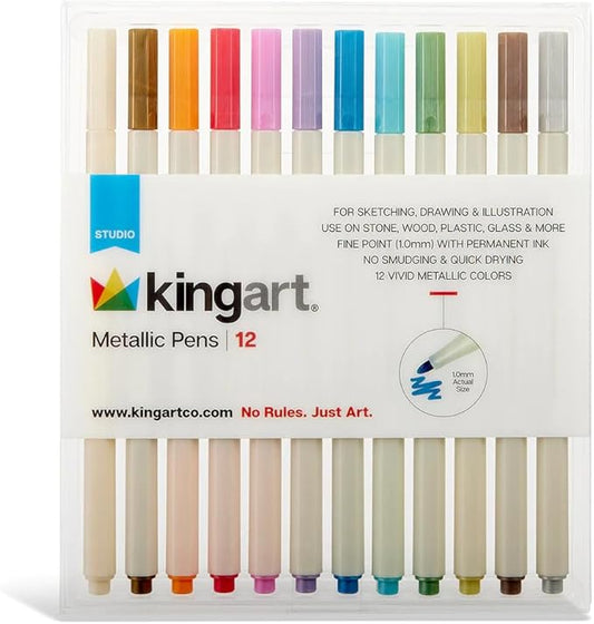 KINGART 12 Metallic Pens, Fine Point 1.0mm Tip Markers, Opaque Ink for Black Paper, Rock Painting, DIY Crafts, Scrapbooking & Card Making