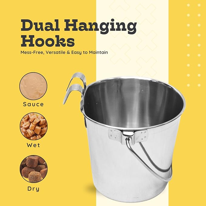 2 Quart Stainless Steel Flat Sided Bucket with Dual Hooks | Durable Food & Water Bowl for Dog Cat Bird & Small Animals | Fits kennel Cage Critter Crate Hanging Pet Pail | Multipurpose use