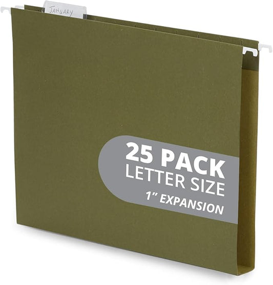 Blue Summit Supplies Hanging File Folders Extra Capacity 1 inch, Hanging File Folders 1 inch Expansion, Designed for Bulky Files and Charts, Letter Size, Standard Green, 25 Pack