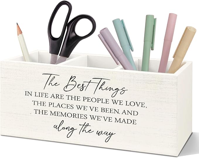 SNNDER The Best Things in Life Inspirational Pen Holder for Desk, Gifts for Family Best Friends, Motivational Wooden Pen Pencil Holder Organizer for Home Office Desk Accessories