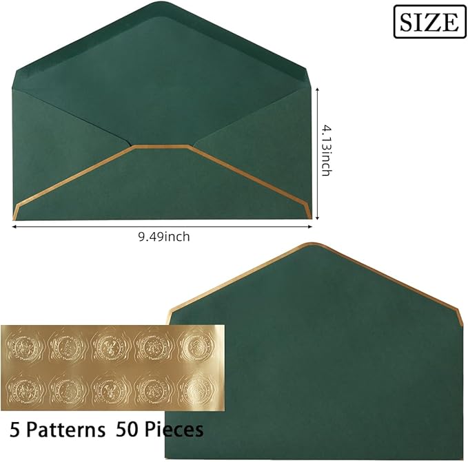 50 Pack Christmas #10 Business Envelopes with Gold Border, Self Seal Standard Envelopes with Gold Stickers for Office, Checks, Letter Mailing, Invoices, 4 1/8 x 9 1/2 Inches (Christmas Green Red)