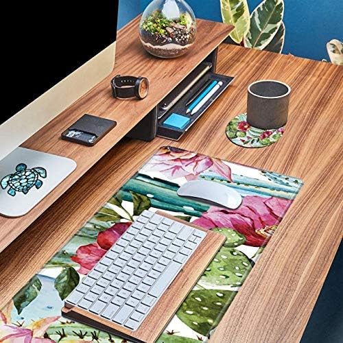 Big Desk Pad (31.5 X 11.8 Inch) Mat Accessories for Women Men - Protector Extended Mouse Pad for Office/Home, Writing Pad for Top of Desks +Cup Coaster, Cactus Flower
